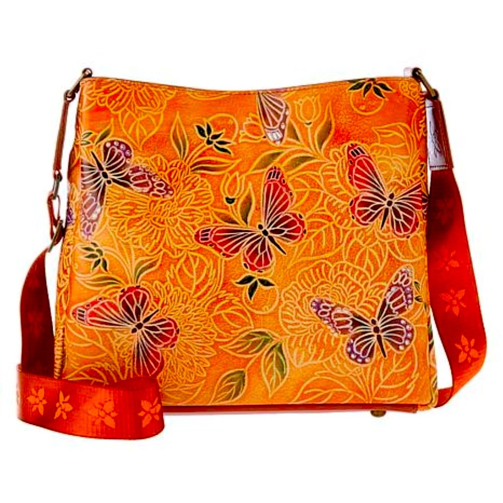 NWT Anuschka Tooled Embossed Leather Crossbody with Adjustable Strap - Butterfly